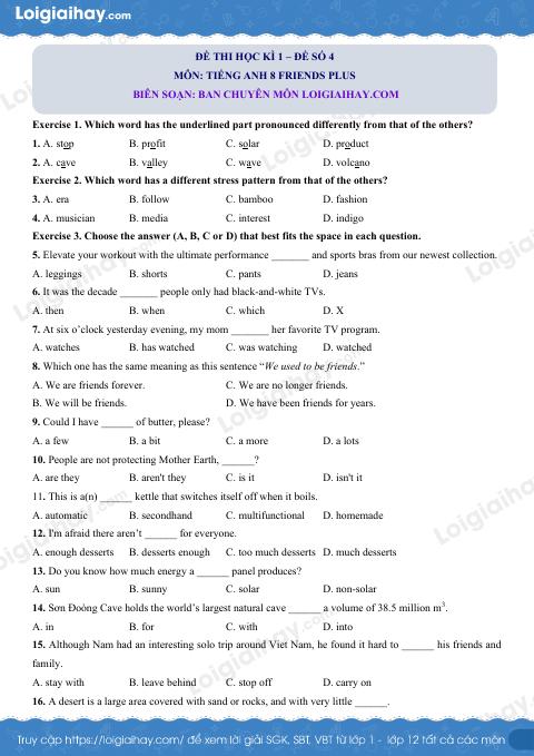 Đề thi học kì 1 Tiếng Anh 8 Friends Plus - Đề số 4